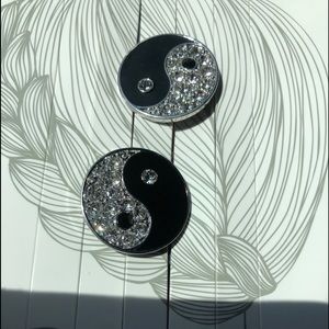 Pretty Yang and Yin hair clips black enamel and silver sparkle boho